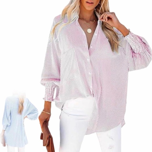 Tops - Boutique NWT Oversized Pink Striped Smocked Sleeve Button Down w/ Pockets